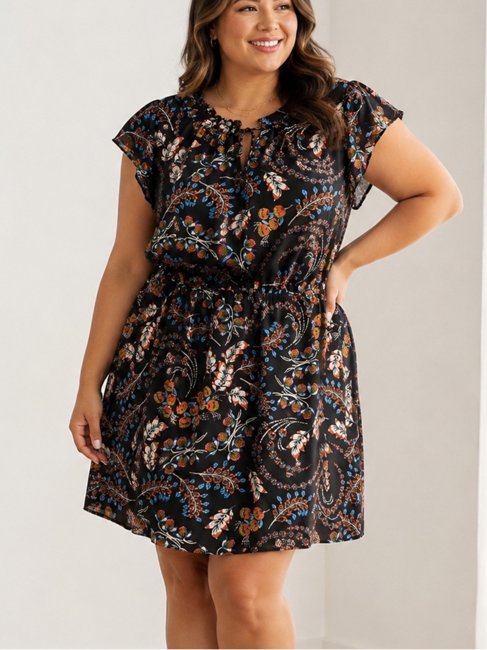 Daniel Rainn Black Paisley Floral Tie-Neck Mini Dress